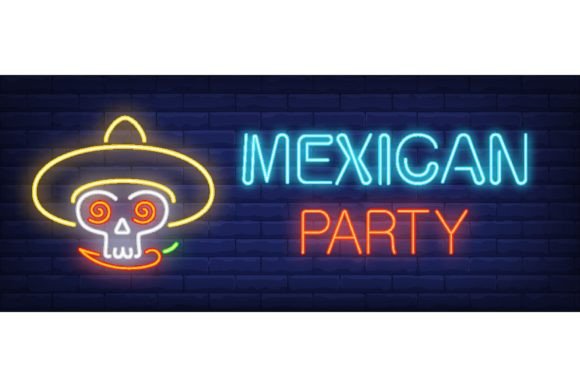 Download Mexican Party Neon Text with Skull Bitin - Art Collection