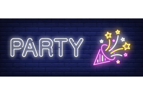 Download Party Neon Sign. Burst Cracker on Brick - Brick Collection