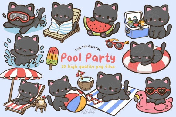 Download Kawaii Pool Party Black Cat Clipart - Art Collection