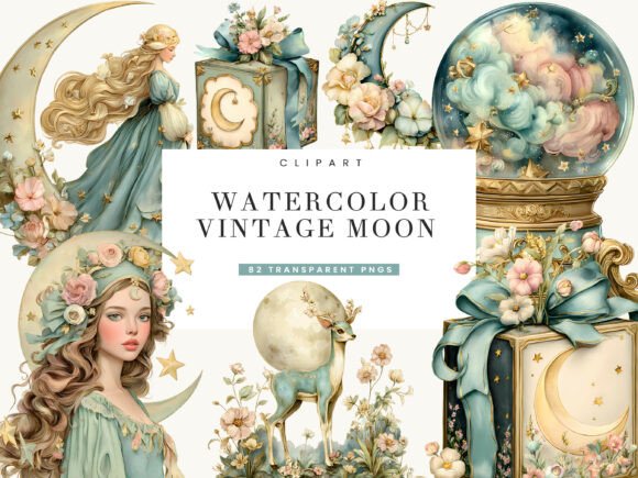 Download Watercolor Vintage Moon Clipart Bundle - Art Collection