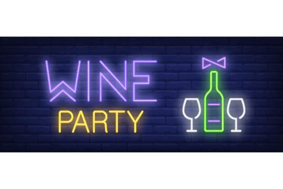 Download Wine Party Neon Text with Bottle, Glasse - Art Collection